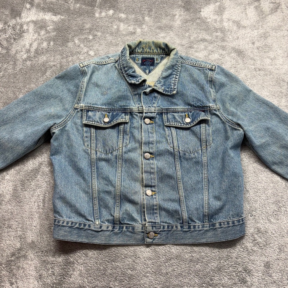 VTG Y2K Tommy Hilfiger Ginny Denim Trucker Jacket XL Ramones Patch Distressed